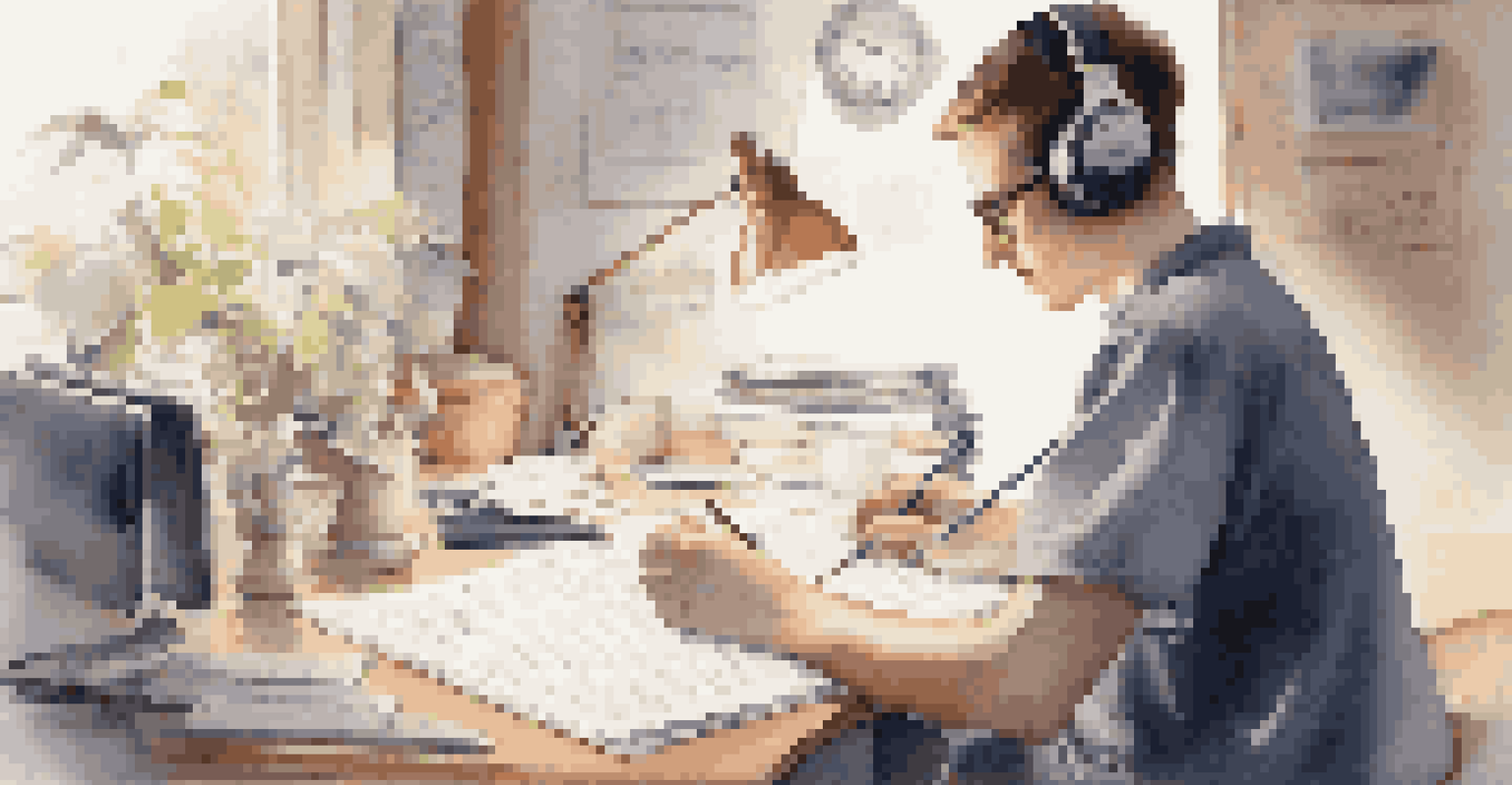 A focused student wearing headphones, studying at a desk with notes and a digital timer.