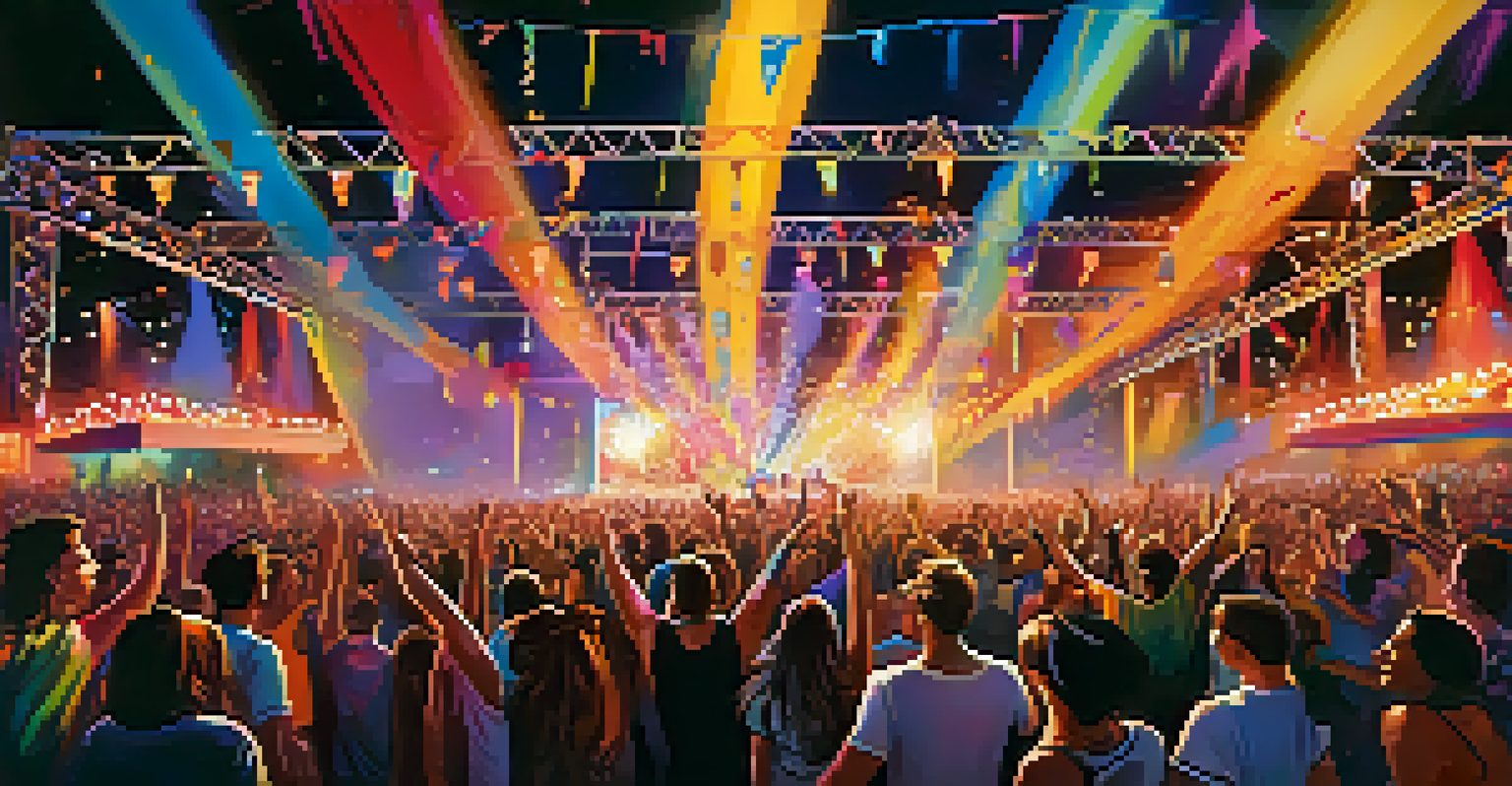 A lively music festival with a crowd dancing under colorful lights and decorations.