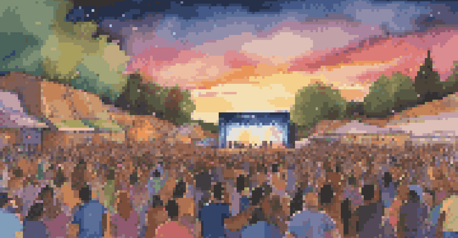 A lively outdoor benefit concert with a diverse crowd enjoying the music, illuminated by colorful lights against a sunset sky.