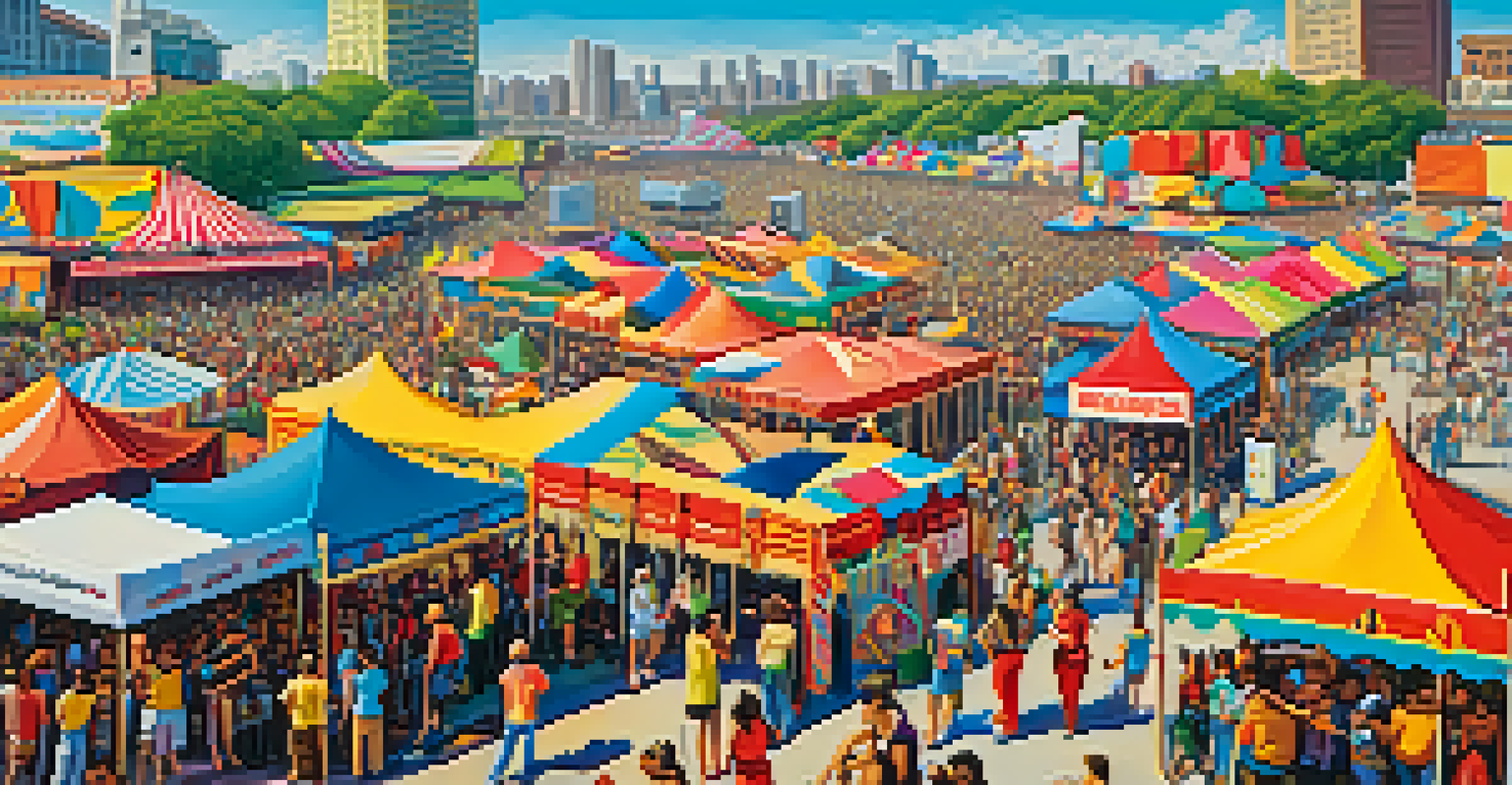 A lively outdoor music festival with diverse attendees enjoying performances across multiple stages.