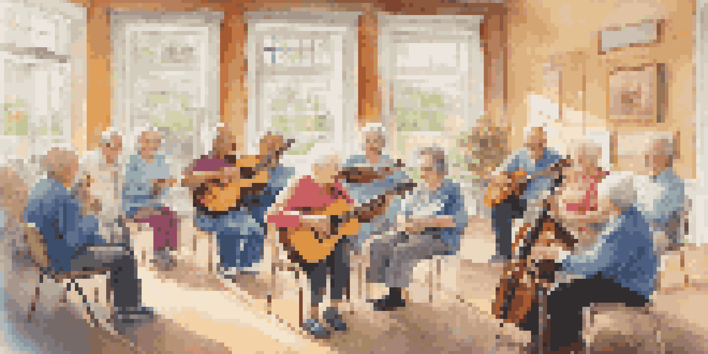 A group of seniors joyfully participating in a music therapy session led by a therapist, with instruments around them and sunlight streaming in.