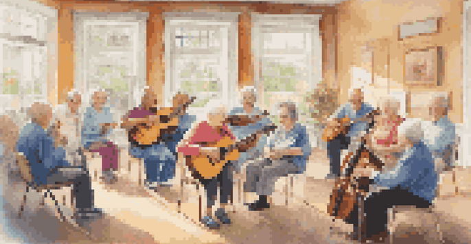 A group of seniors joyfully participating in a music therapy session led by a therapist, with instruments around them and sunlight streaming in.