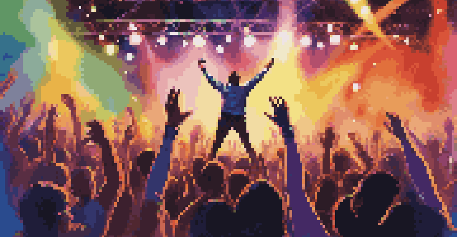 An artist performing live on stage with a vibrant crowd and colorful lights around.