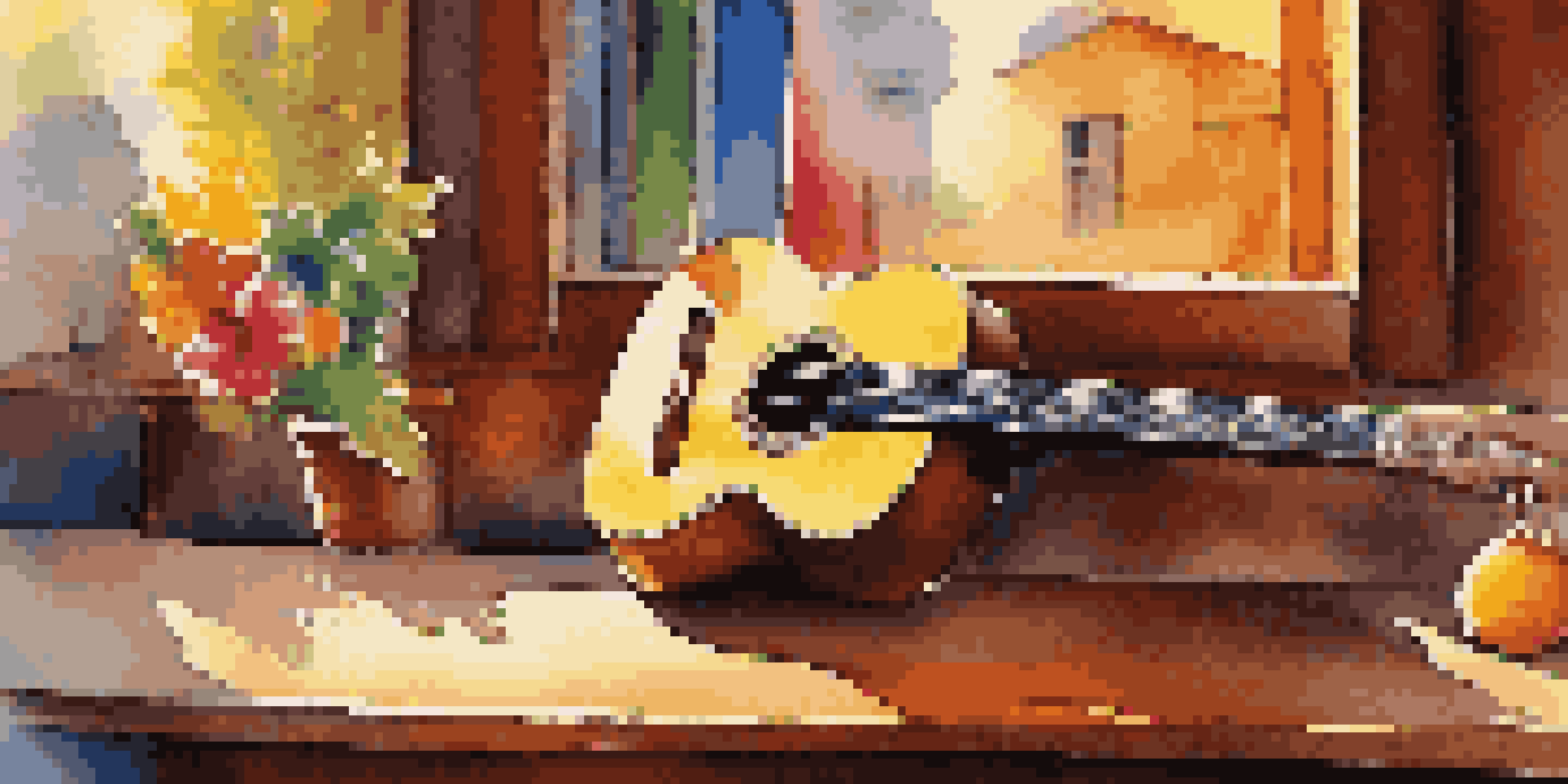 A close-up of a cavaquinho on a wooden table with sunlight illuminating its wood grain, and a blurred background of a colorful Brazilian festival.