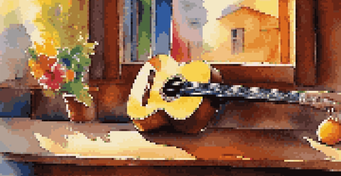 A close-up of a cavaquinho on a wooden table with sunlight illuminating its wood grain, and a blurred background of a colorful Brazilian festival.