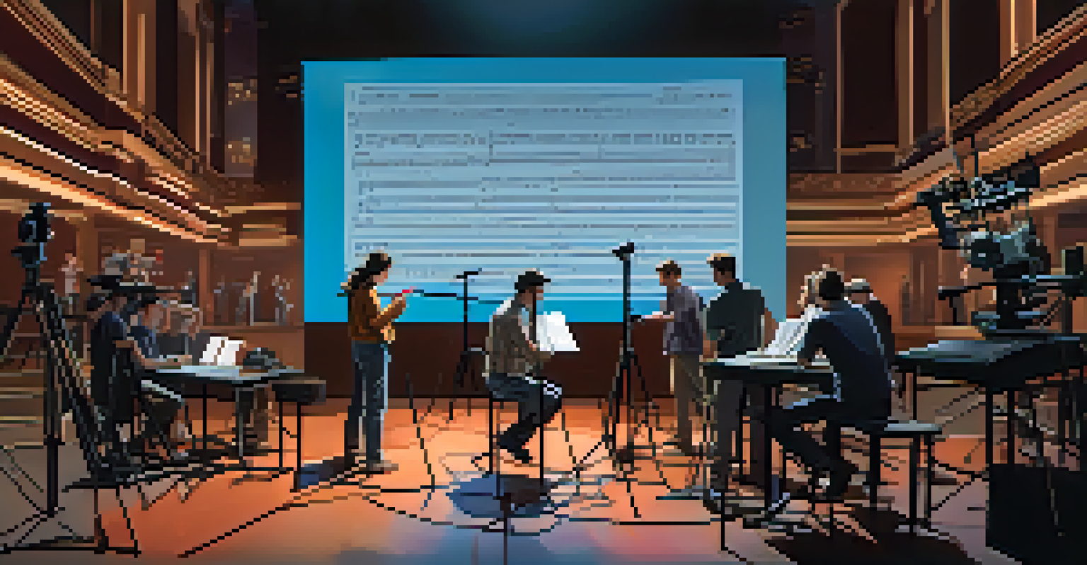 A film set bustling with activity, featuring a director, crew, and a composer writing music notes in front of a large movie screen.