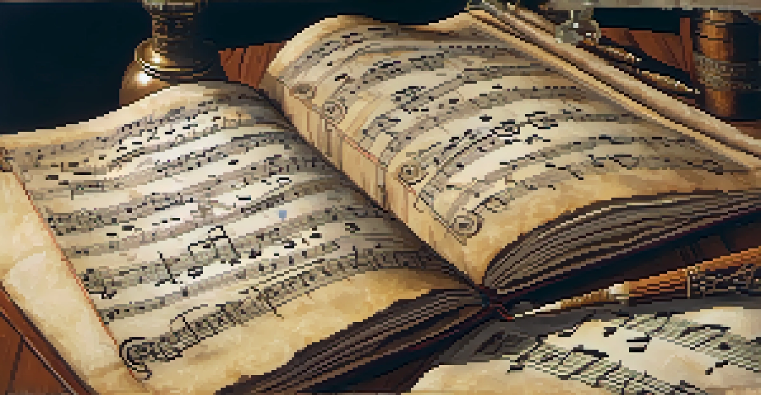 A close-up view of a medieval music manuscript with intricate notation and decorative elements, surrounded by writing tools.