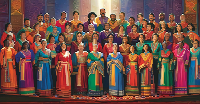 A diverse choir performing on stage, wearing colorful traditional costumes with a backdrop of world flags.