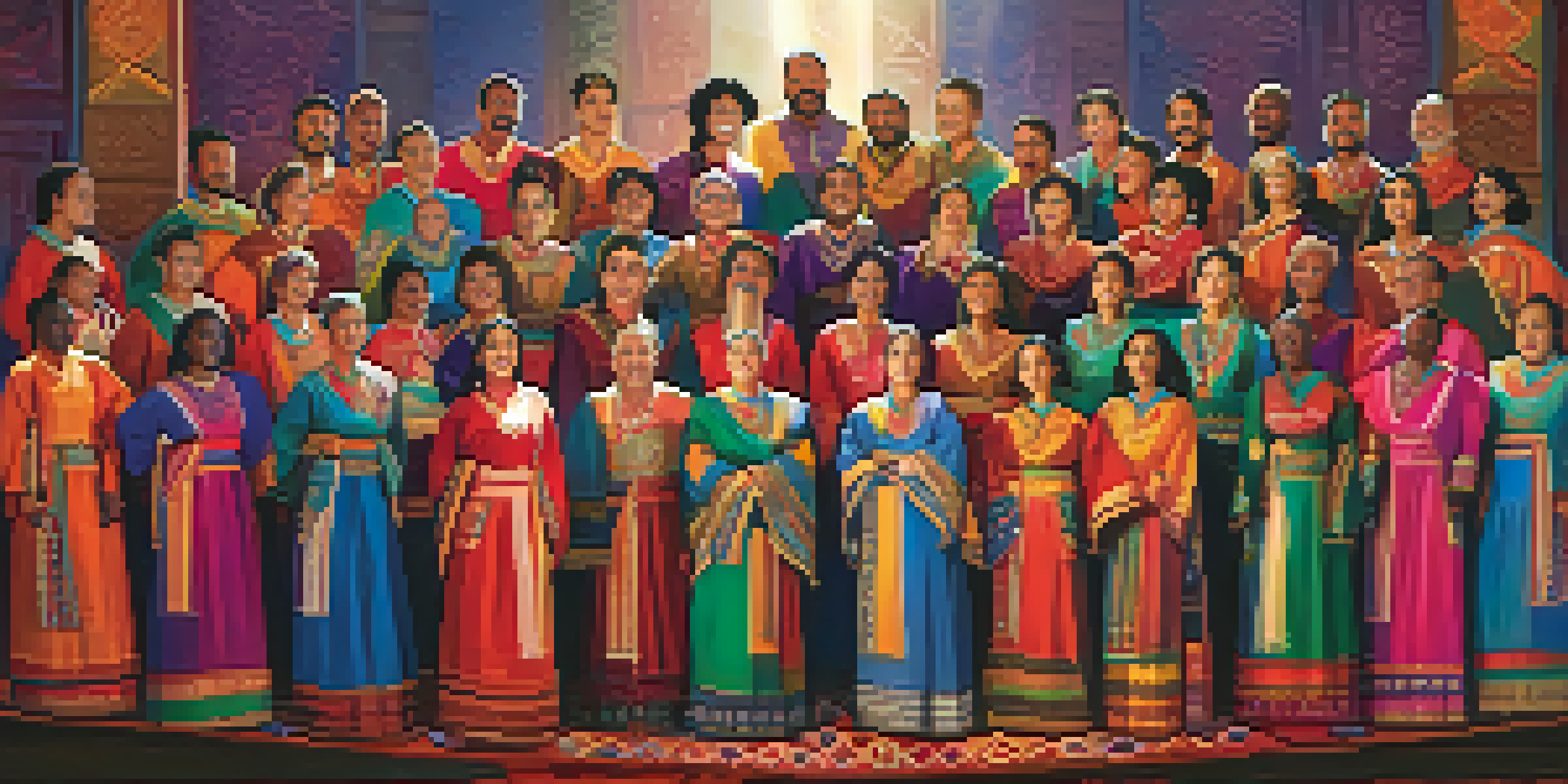 A diverse choir performing on stage, wearing colorful traditional costumes with a backdrop of world flags.