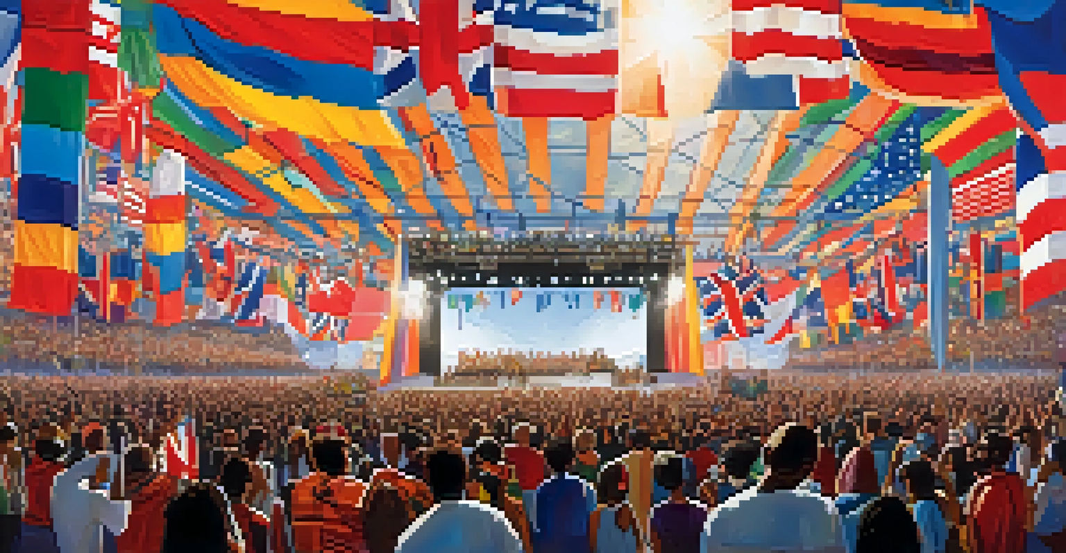 A multicultural pop music festival with diverse artists performing and a large audience enjoying the vibrant atmosphere.