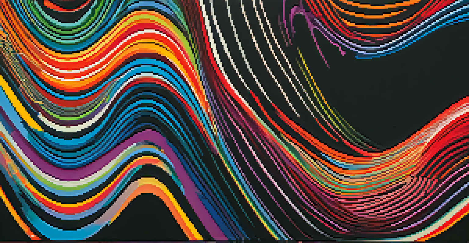 An abstract visualization of sound waves illustrated with vibrant colors and dynamic shapes against a black background.