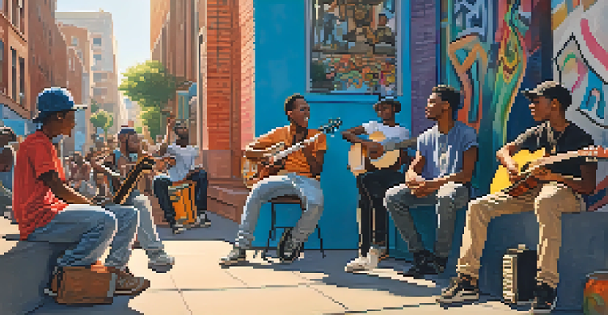 A group of diverse young people enjoying a street musician performance in an urban setting, illuminated by warm sunset light.