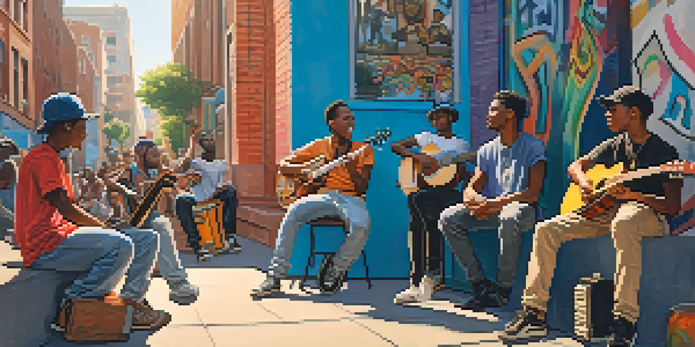 A group of diverse young people enjoying a street musician performance in an urban setting, illuminated by warm sunset light.