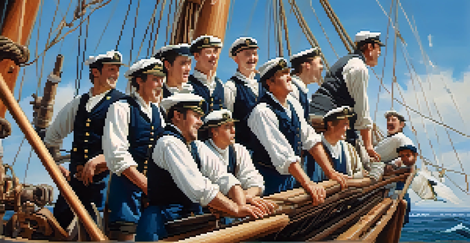 Sailors on a wooden ship singing sea shanties, working together to hoist sails under a blue sky.