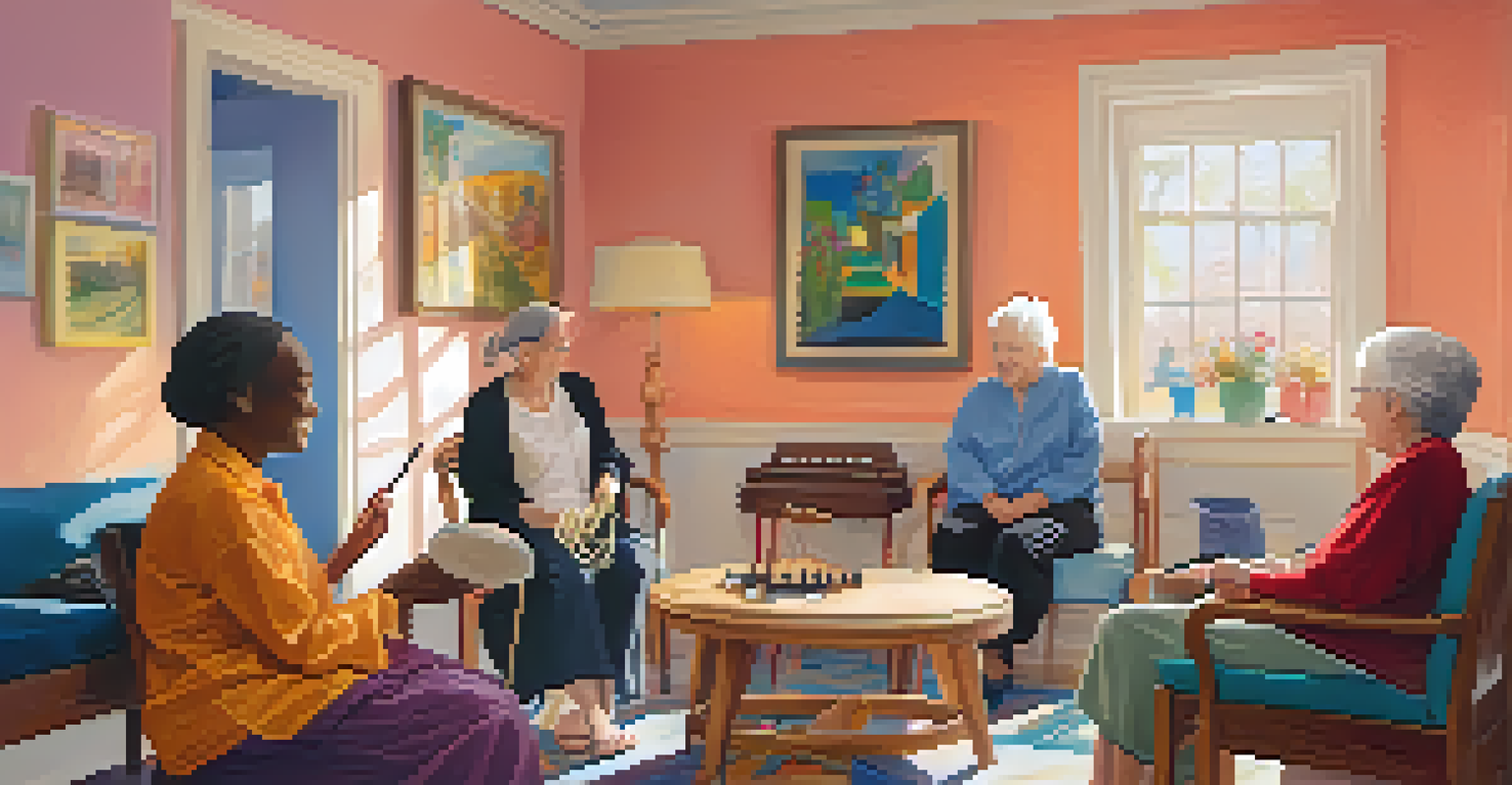 An elderly woman participating in a music therapy session with a therapist and others, surrounded by musical instruments.