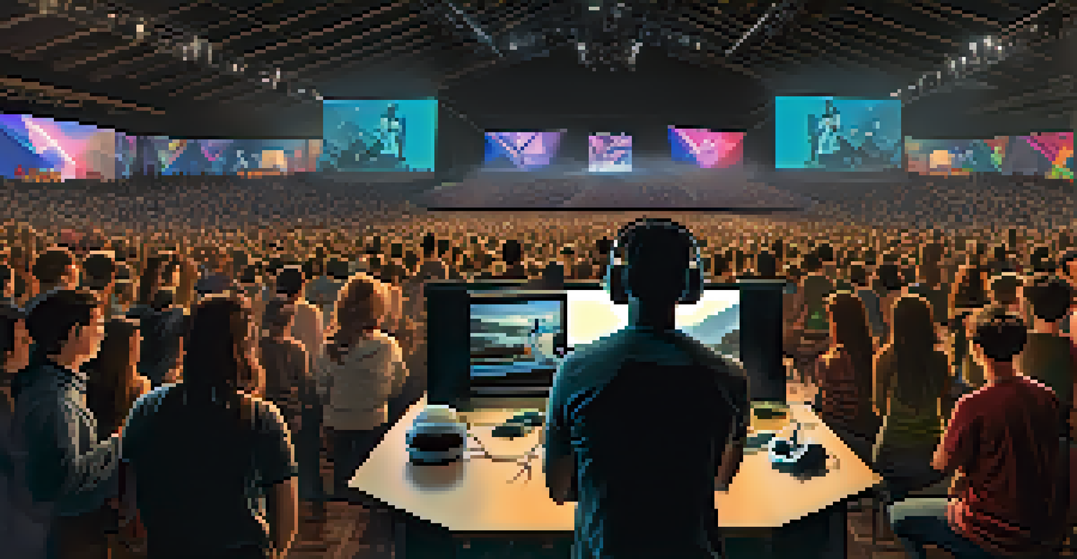 A split-screen image of a person setting up for a VR concert at home and a vibrant virtual concert scene.