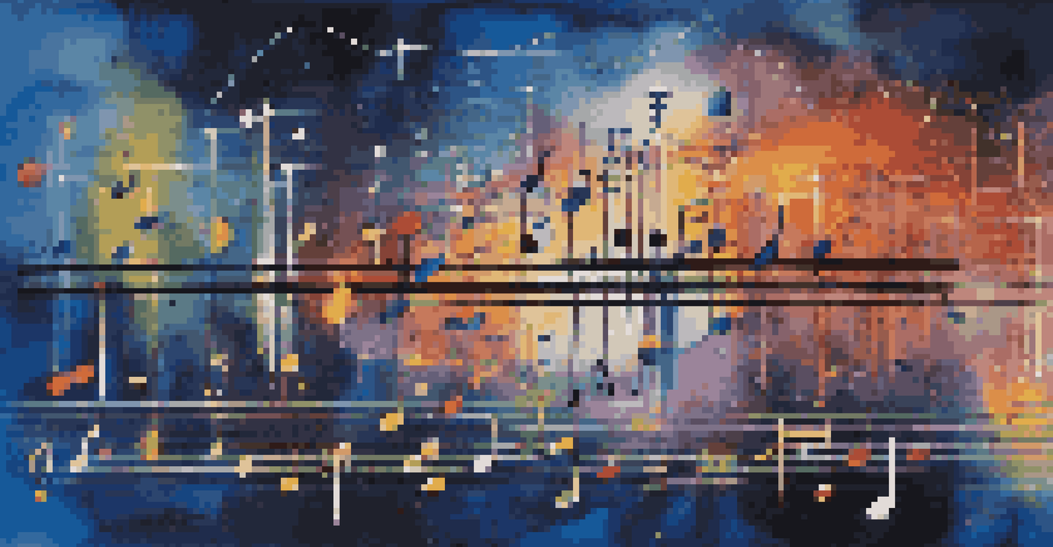 An abstract image showing colorful sound waves and digital circuits merging with musical notes against a deep blue background.