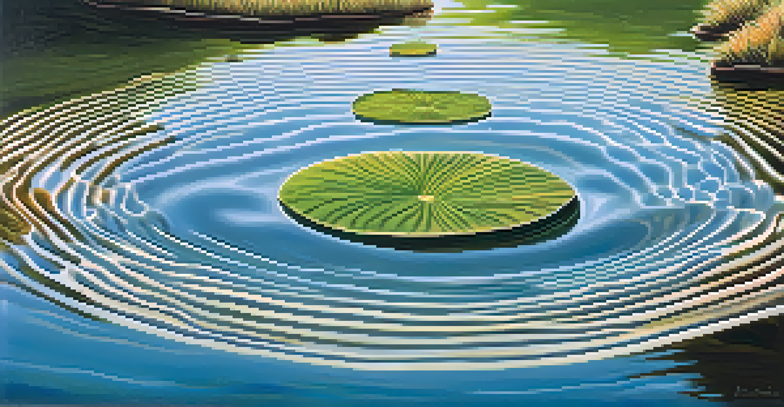 A peaceful landscape showing sound waves in a pond created by a pebble drop, surrounded by greenery and a blue sky.
