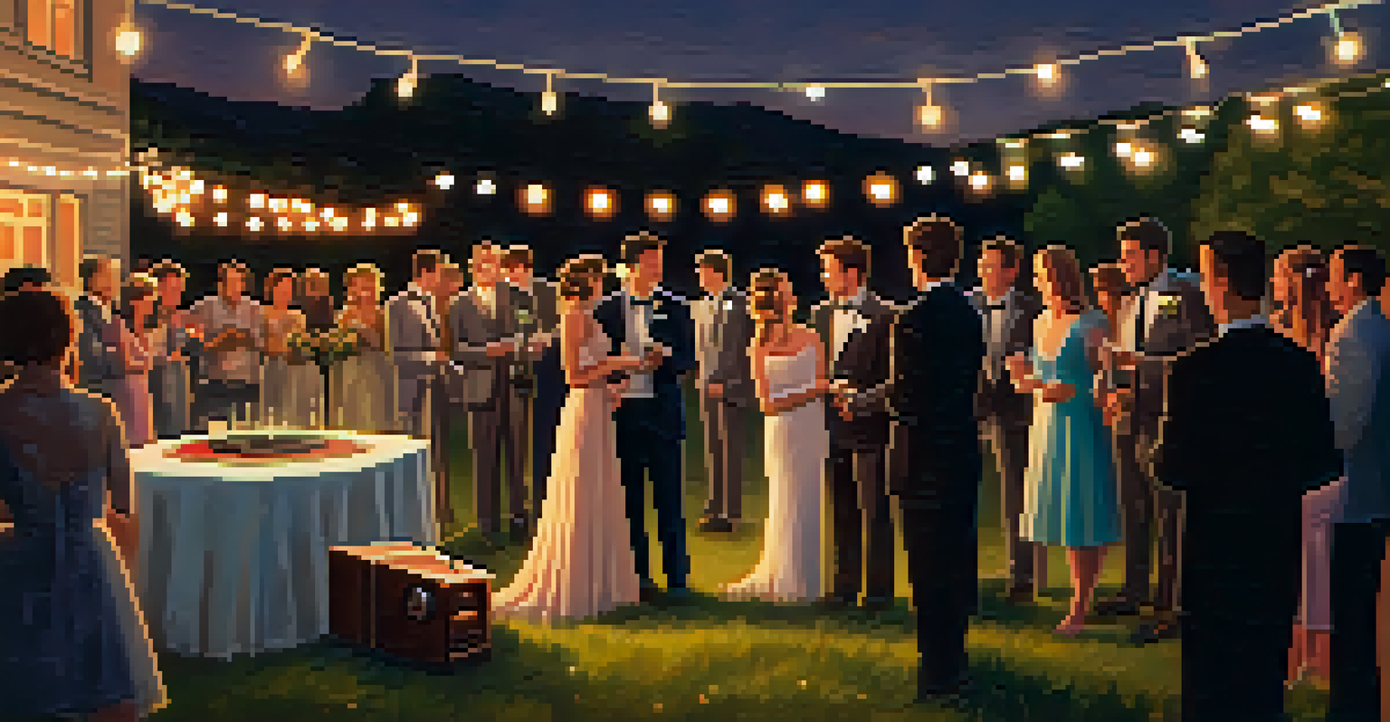 An outdoor wedding at sunset, with a couple dancing and string lights overhead, accompanied by a vintage record player.