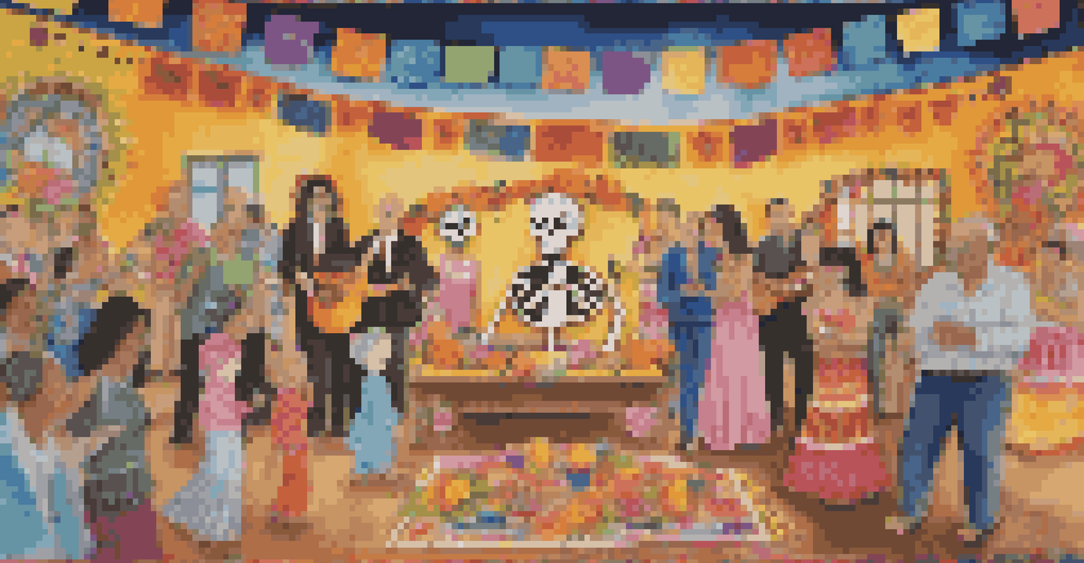 A lively Día de los Muertos celebration with an altar, musicians, and families sharing stories in a colorful setting.