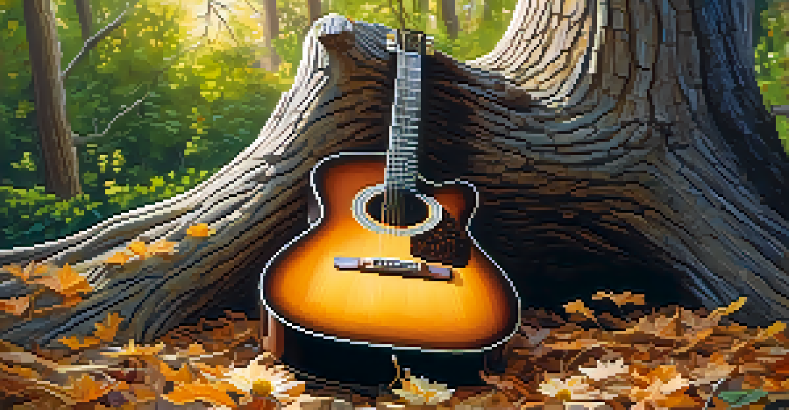 A guitar leaning against a tree trunk, surrounded by leaves and wildflowers, illuminated by warm morning sunlight.