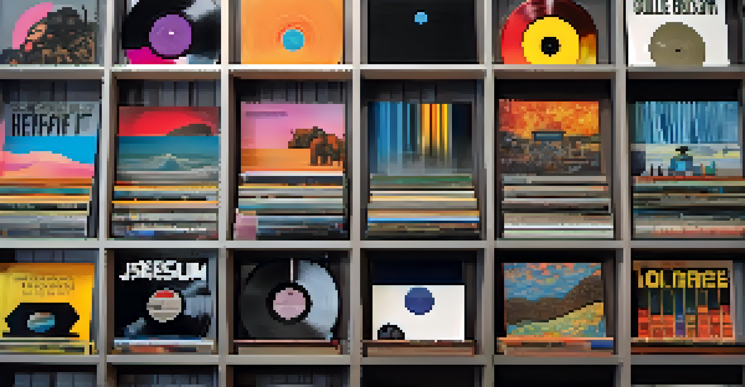 A collage of independent music album covers on a vinyl record shelf, showcasing vibrant colors and unique designs in a warmly lit setting.