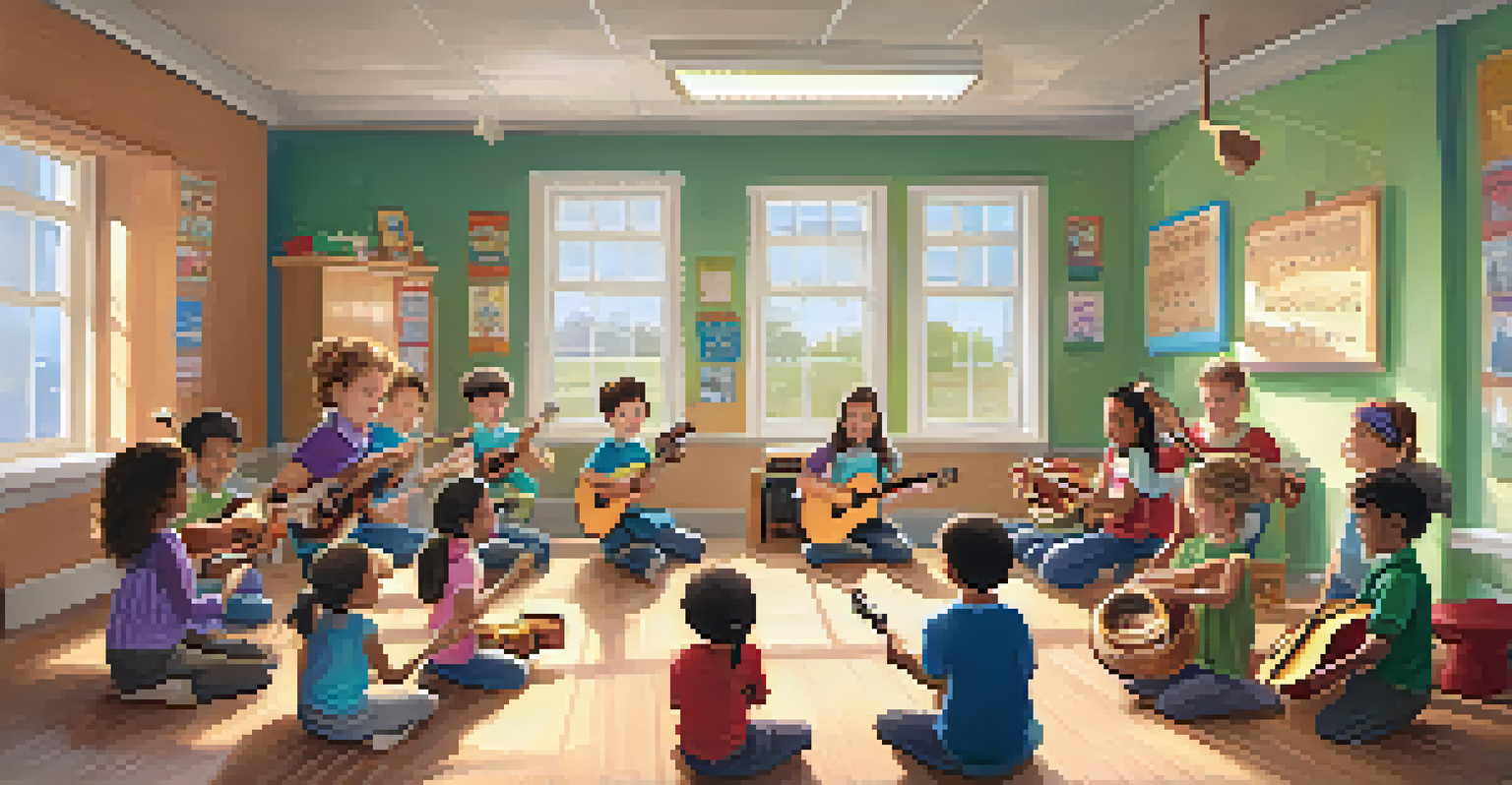 A teacher conducting a music lesson with children in a classroom, filled with musical decorations and instruments, radiating a lively atmosphere.