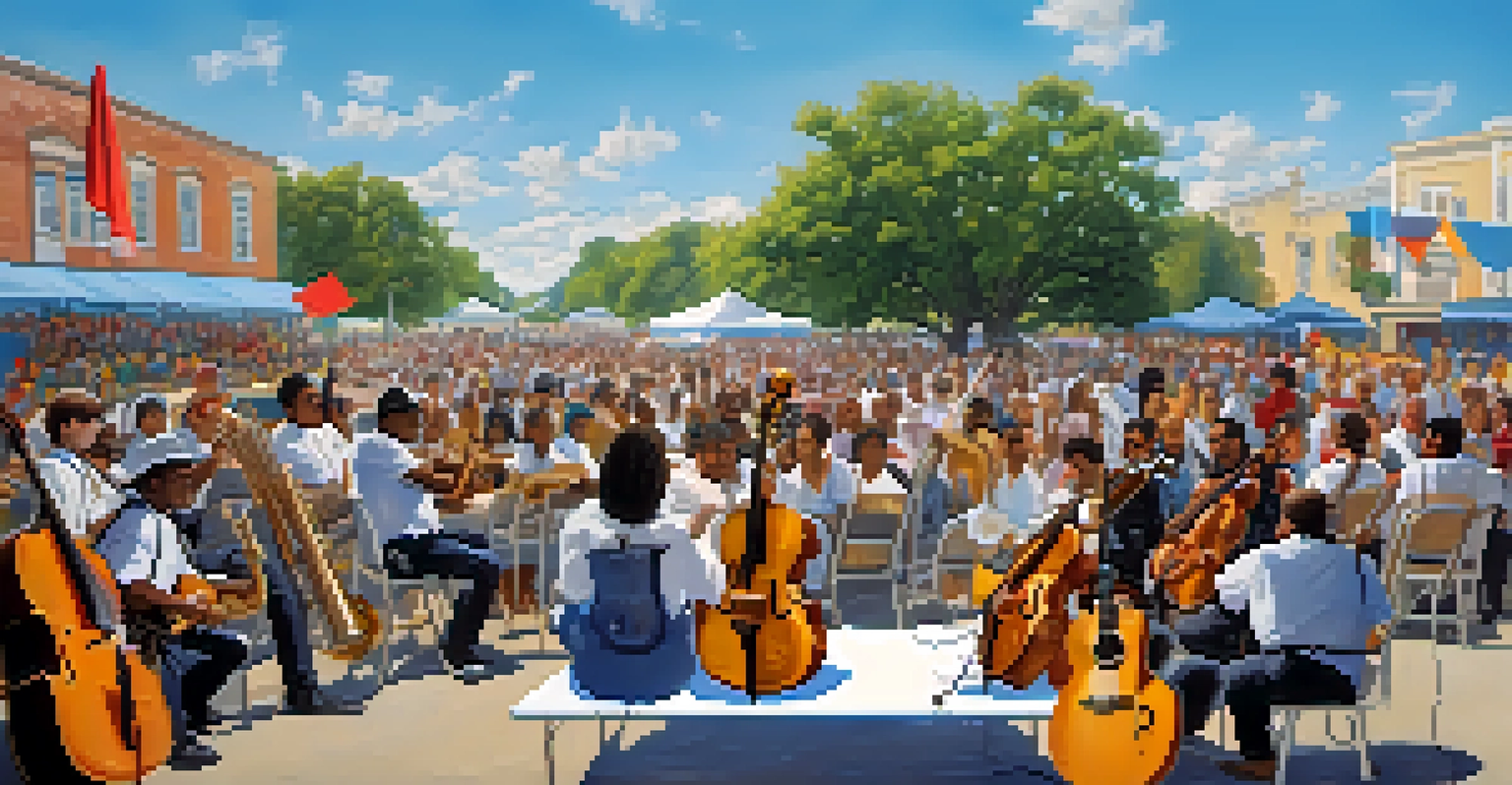 A community music event with musicians performing outdoors, surrounded by an engaged audience and colorful cultural banners.