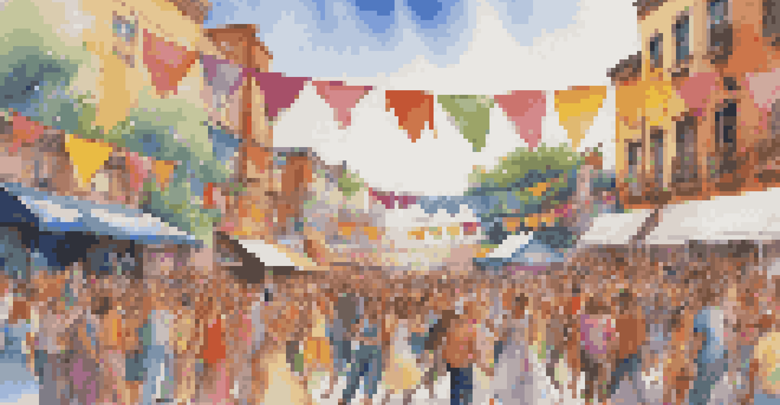 A bustling street scene at a music festival, with people dancing and colorful banners, creating a lively atmosphere.