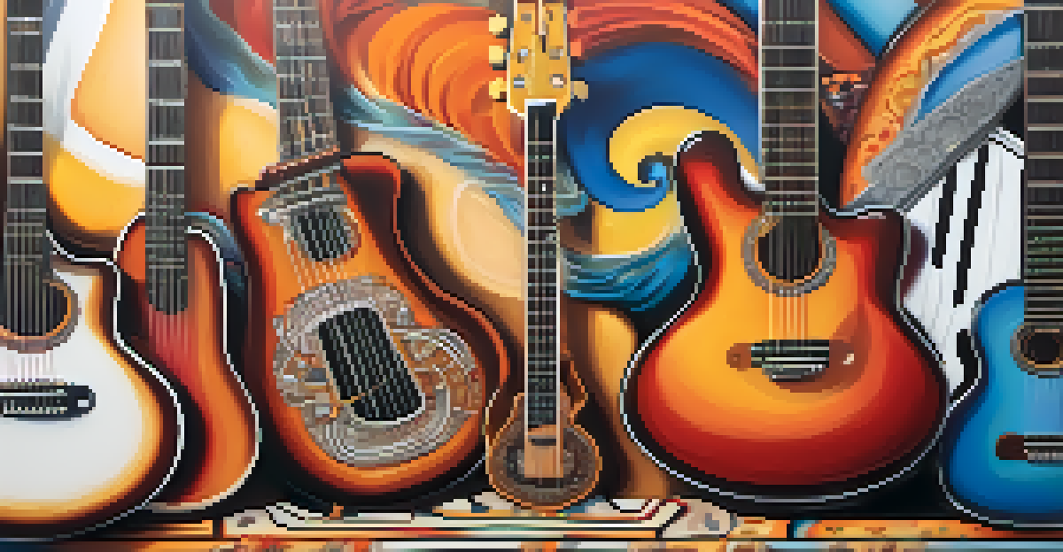 An artistic depiction of musical instruments from various cultures blending together, symbolizing the fusion of hybrid music genres with vibrant colors.