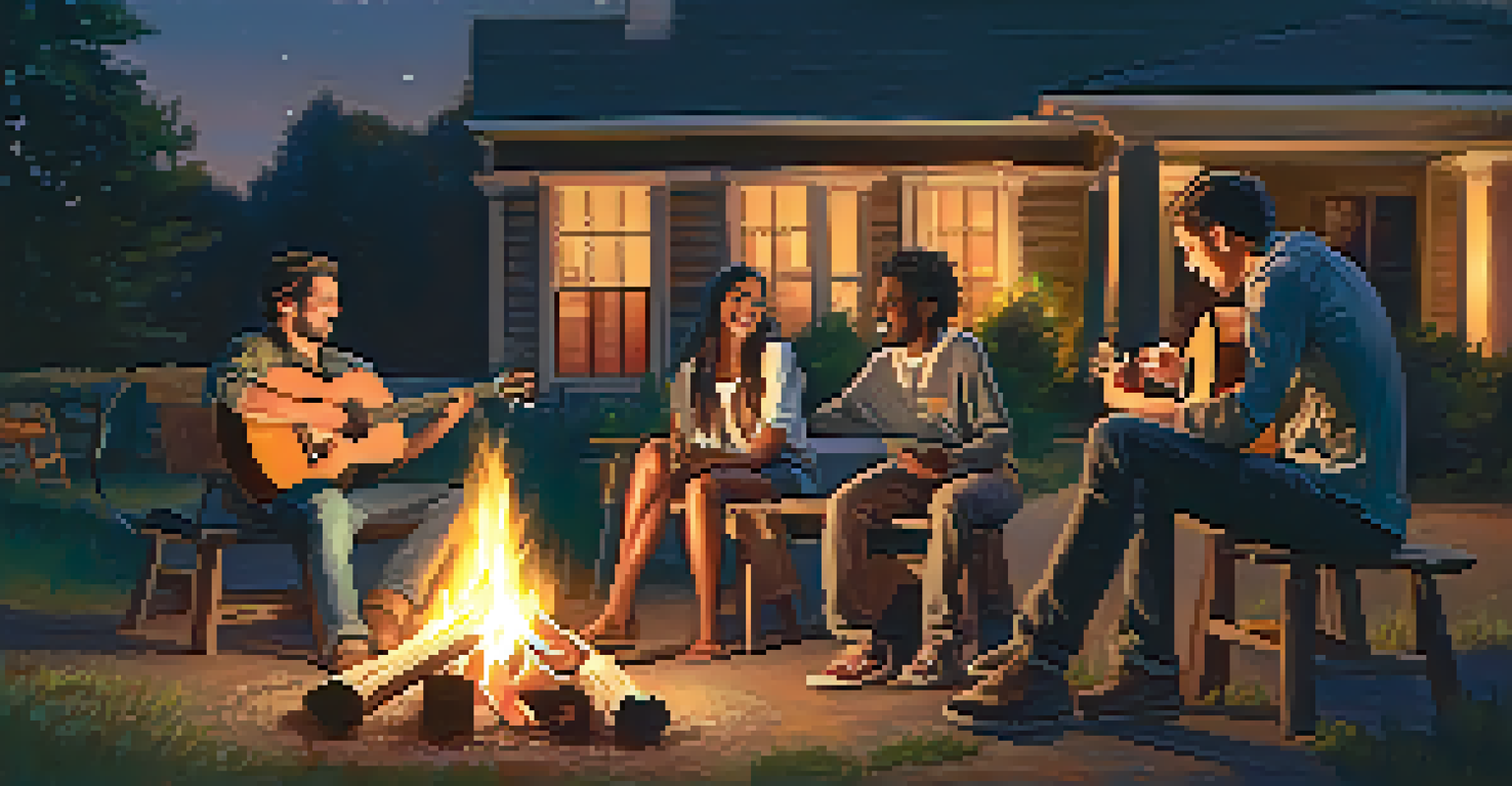A group of friends gathered around a bonfire at night, enjoying music and conversation, with one person playing guitar.