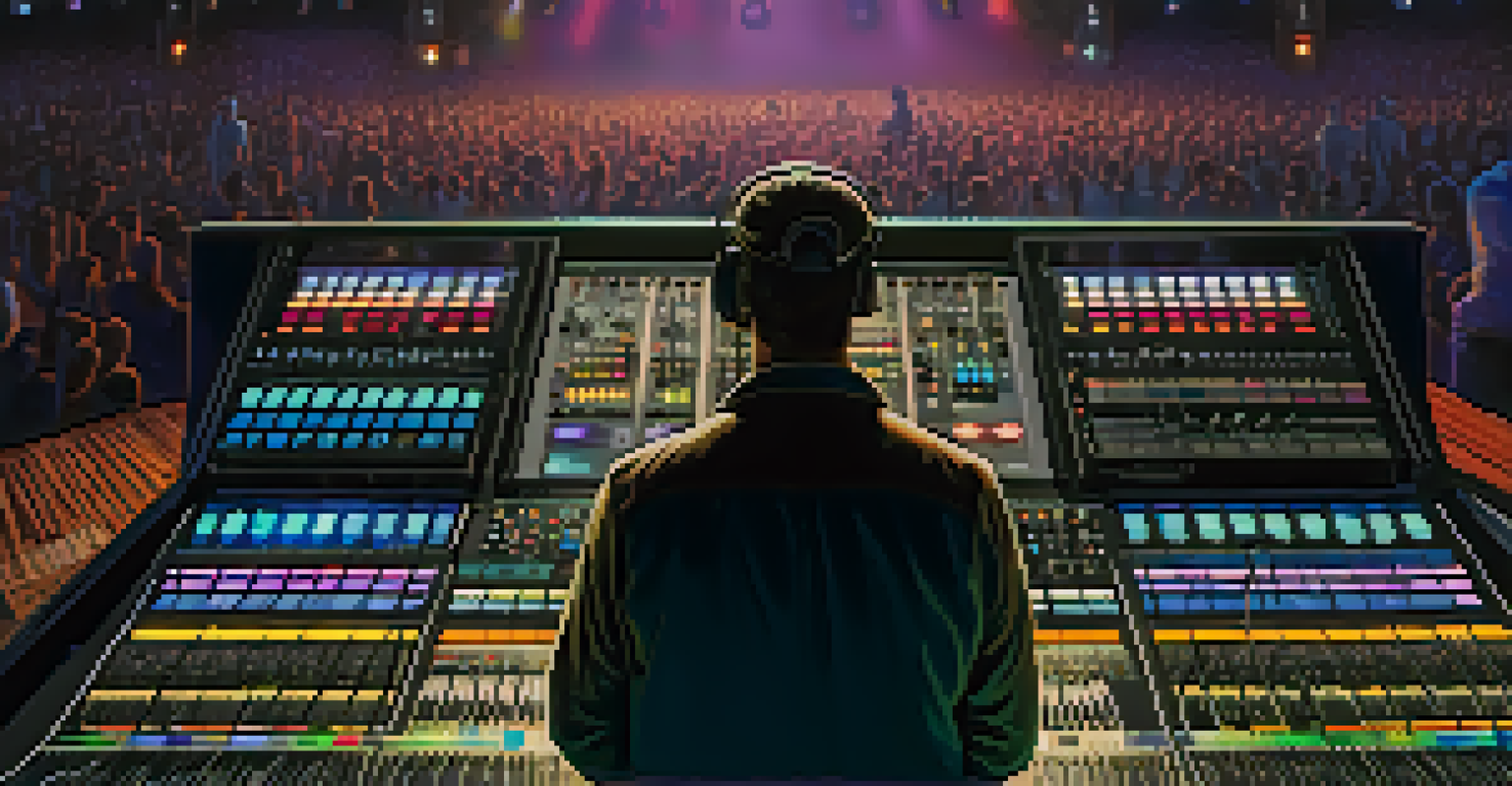 A sound engineer adjusting a mixing console during a live performance, with colorful stage lights and musicians in the background.