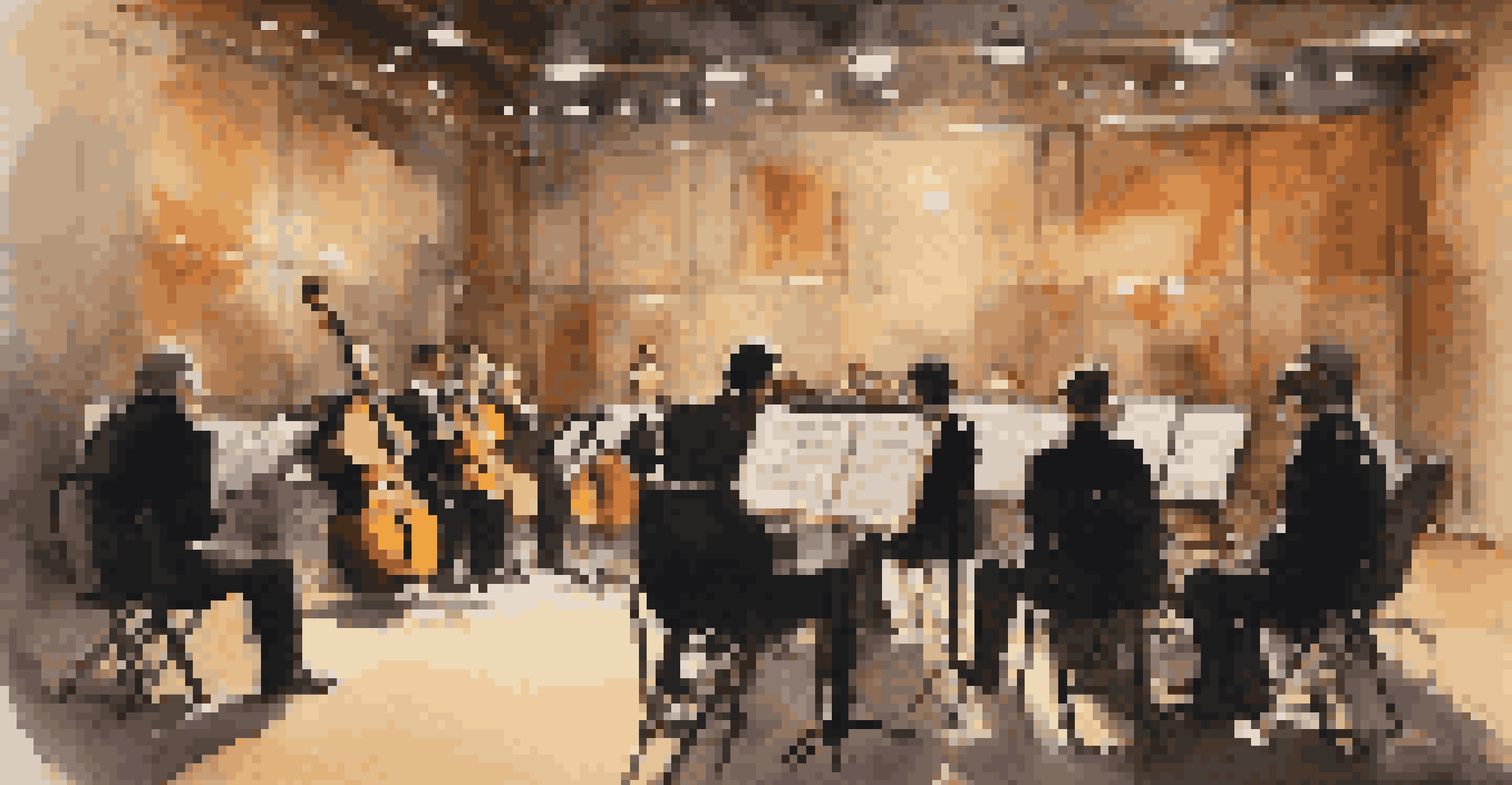 A conductor backstage, deep in thought, surrounded by musicians tuning their instruments in a softly lit environment.