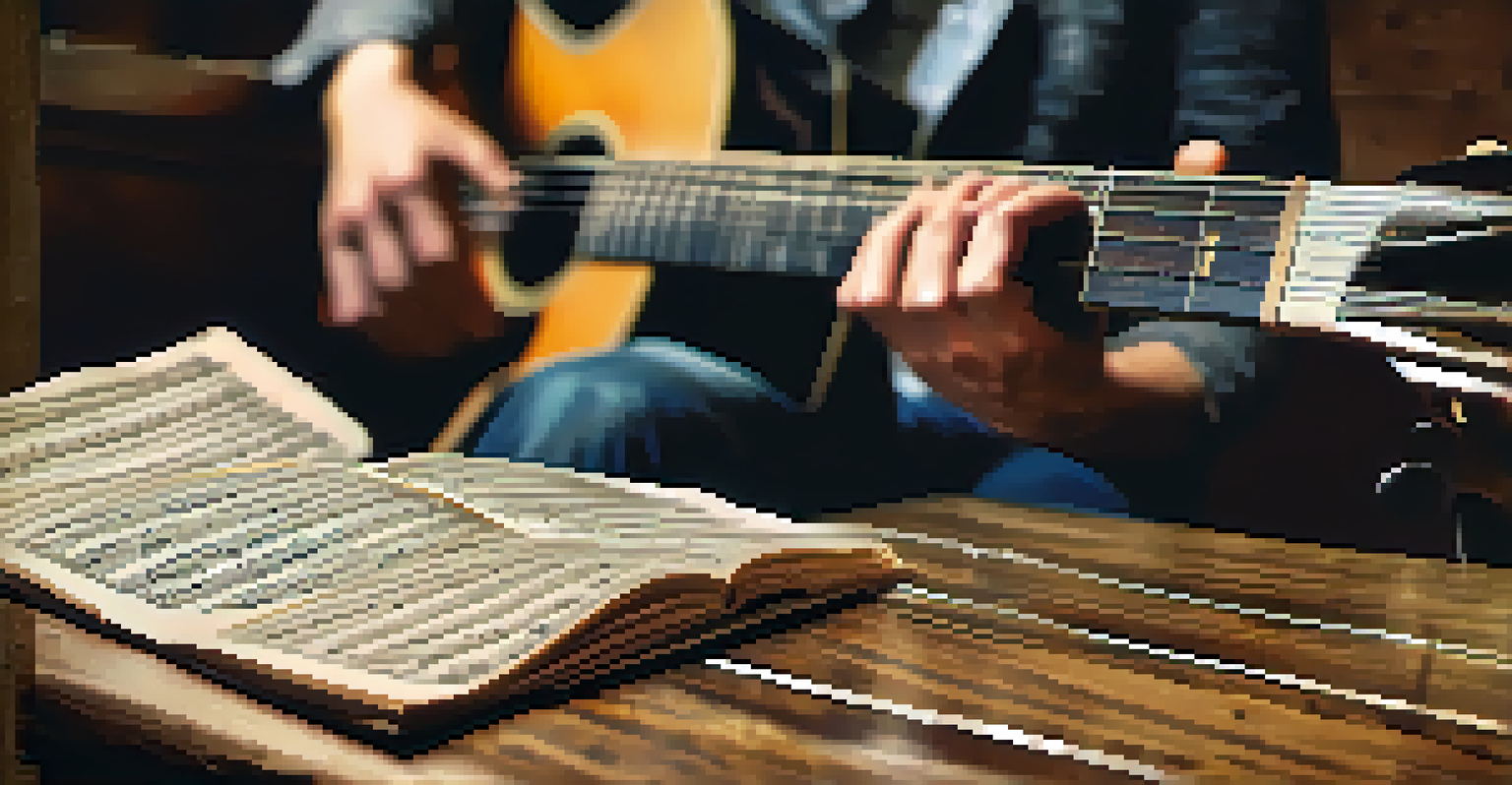 Close-up of a musician's hands playing a guitar, with sheet music on a wooden table, capturing the connection between performer and audience.