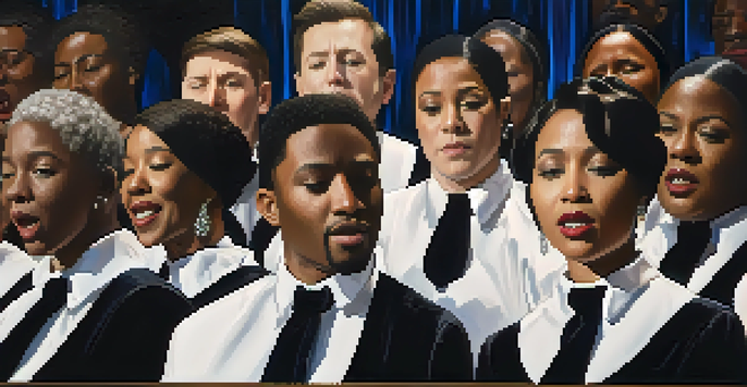 A choir performing on stage with a conductor, showcasing diverse singers in elegant attire and warm lighting.