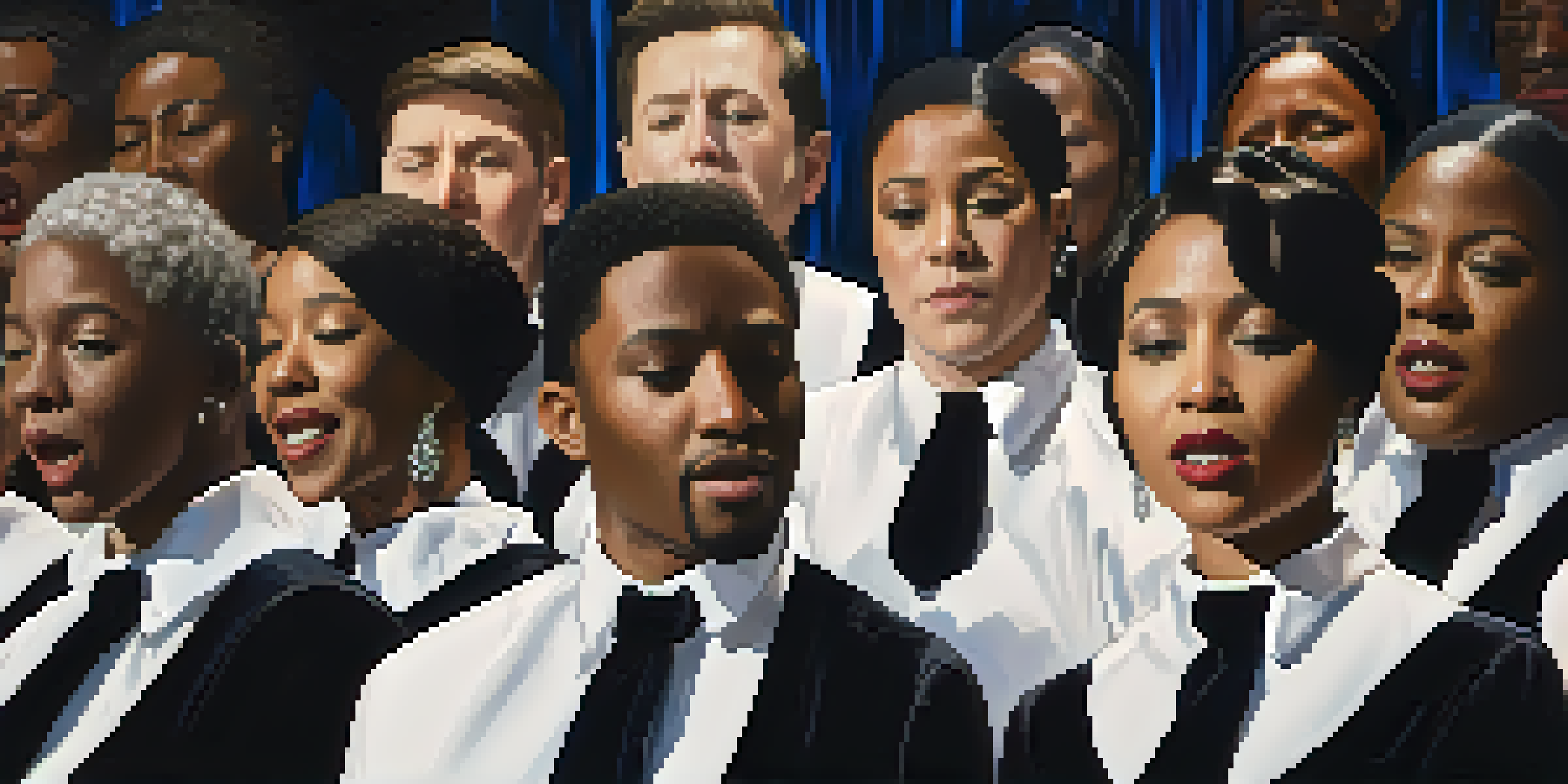 A choir performing on stage with a conductor, showcasing diverse singers in elegant attire and warm lighting.