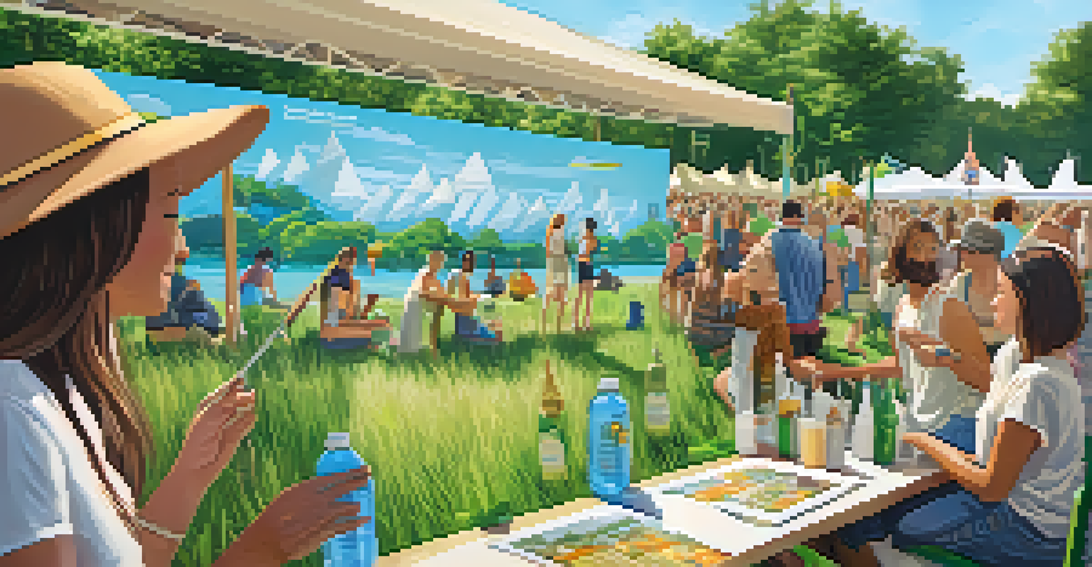 A detailed view of attendees at a music festival engaging in eco-friendly practices, showcasing reusable items and sustainability workshops.
