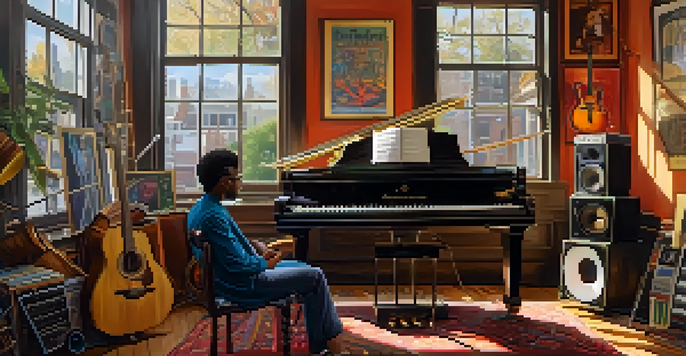 A music studio showcasing various instruments and posters of famous musicians, with a diverse musician at the mixing console.