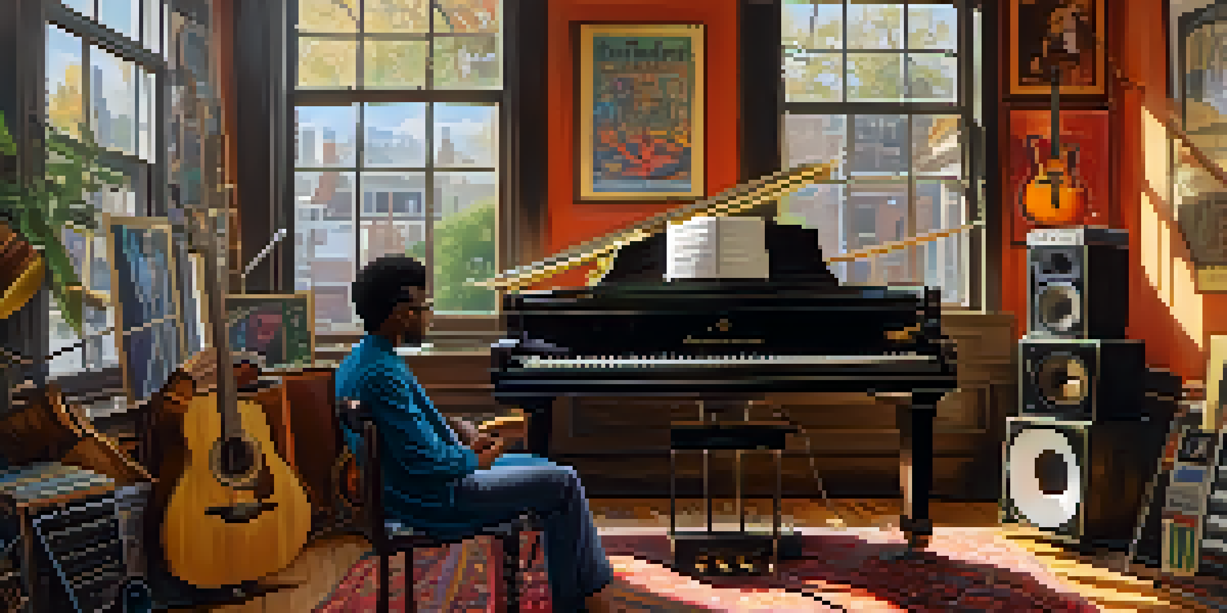 A music studio showcasing various instruments and posters of famous musicians, with a diverse musician at the mixing console.
