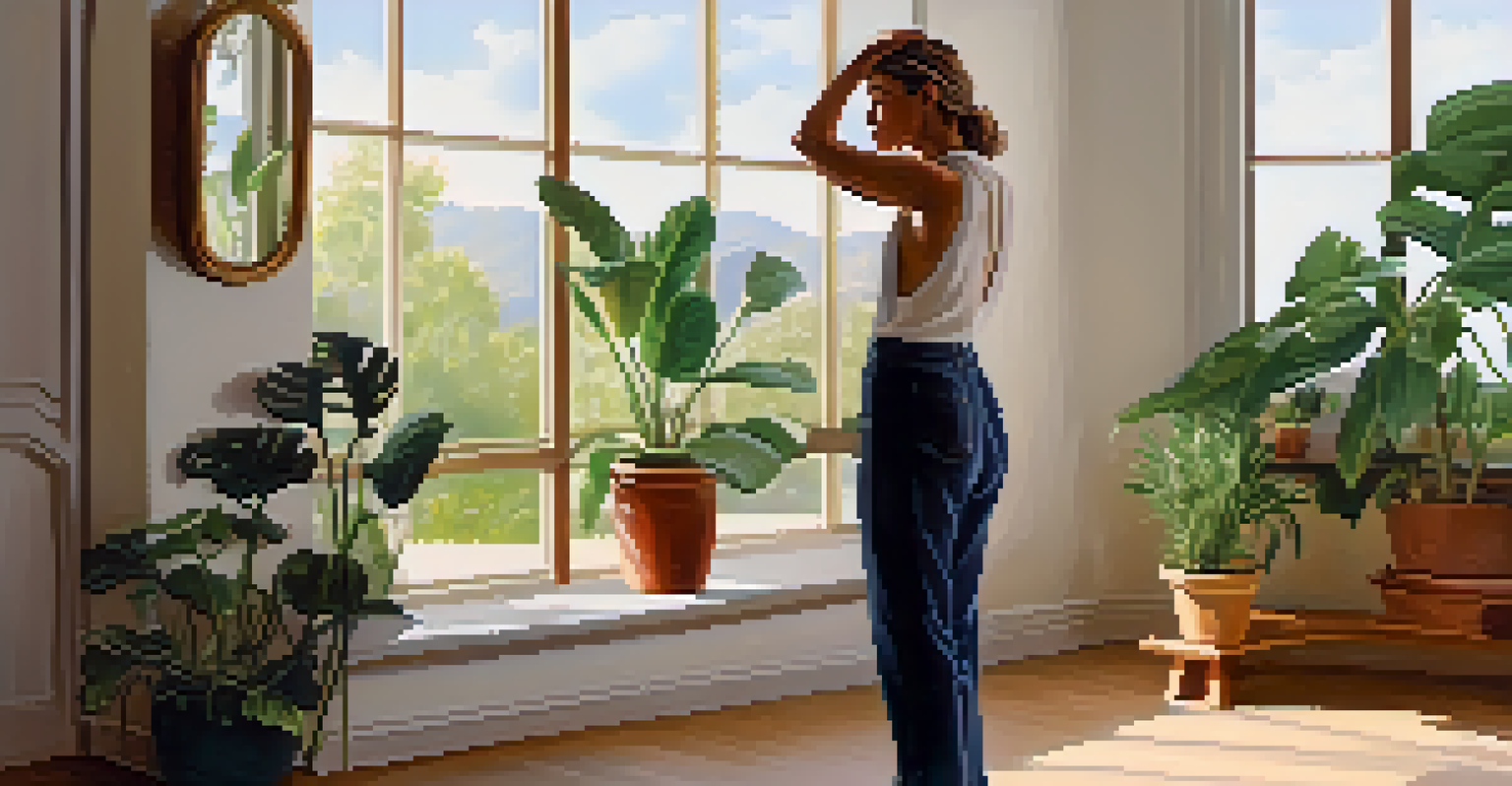 A singer practicing breathing techniques in front of a mirror, with a relaxed posture and a peaceful room filled with plants.