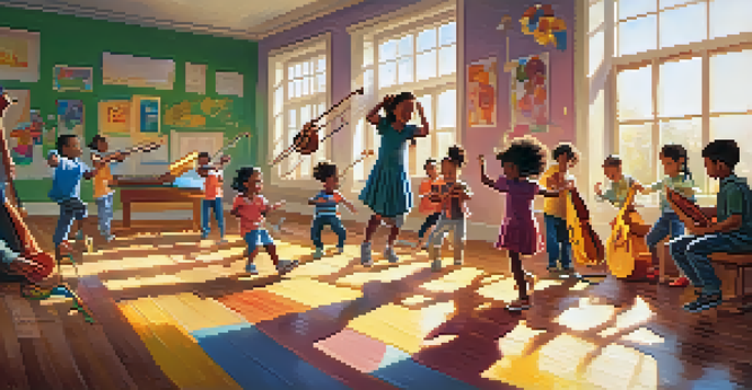 A lively classroom where children are participating in music and movement activities, with various instruments and sunlight illuminating the room.