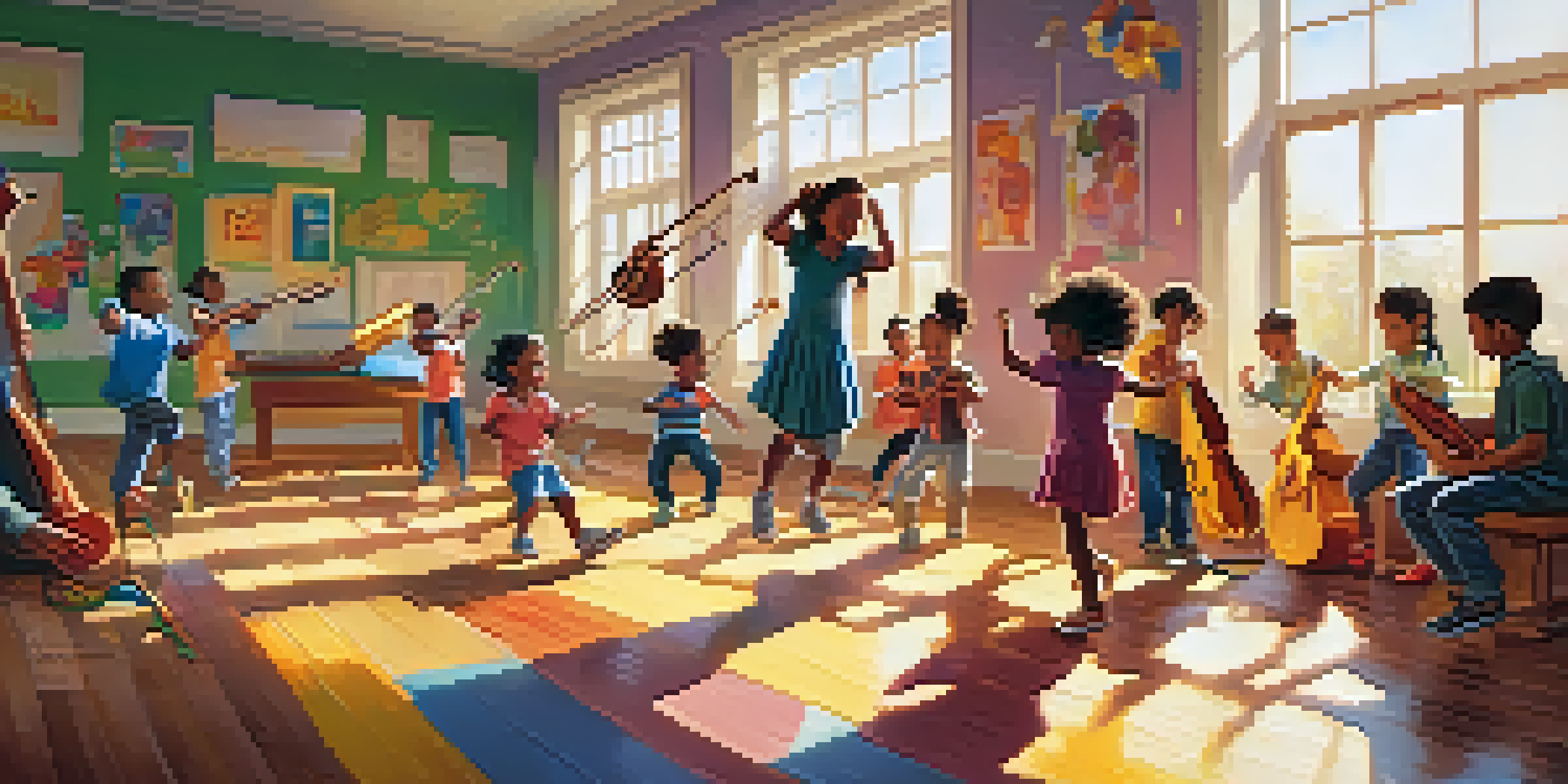A lively classroom where children are participating in music and movement activities, with various instruments and sunlight illuminating the room.