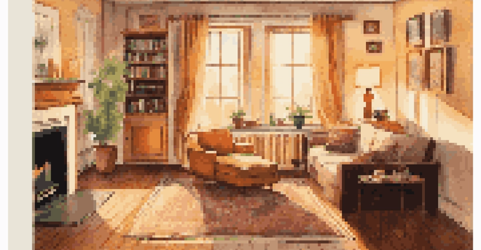 A warm living room with golden sunlight, a vintage record player, and framed photographs on the walls, evoking a sense of nostalgia.