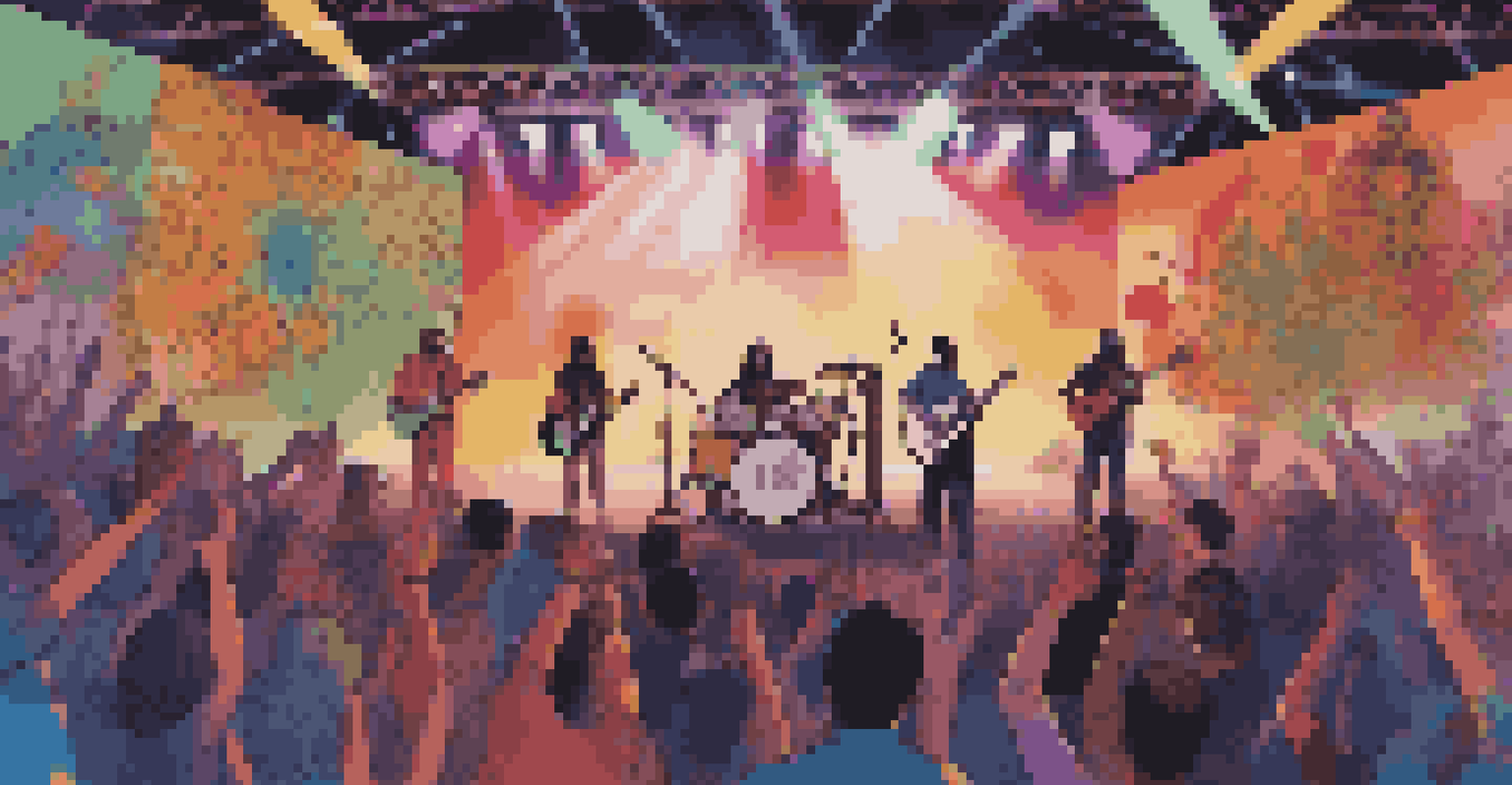 An indie band performing in a virtual concert with diverse fan avatars in a vibrant setting.