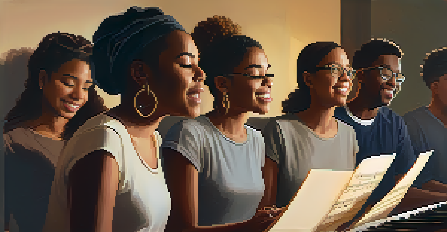 A diverse group of singers practicing ear training exercises in a rehearsal space, surrounded by sheet music and a piano, all under warm lighting.