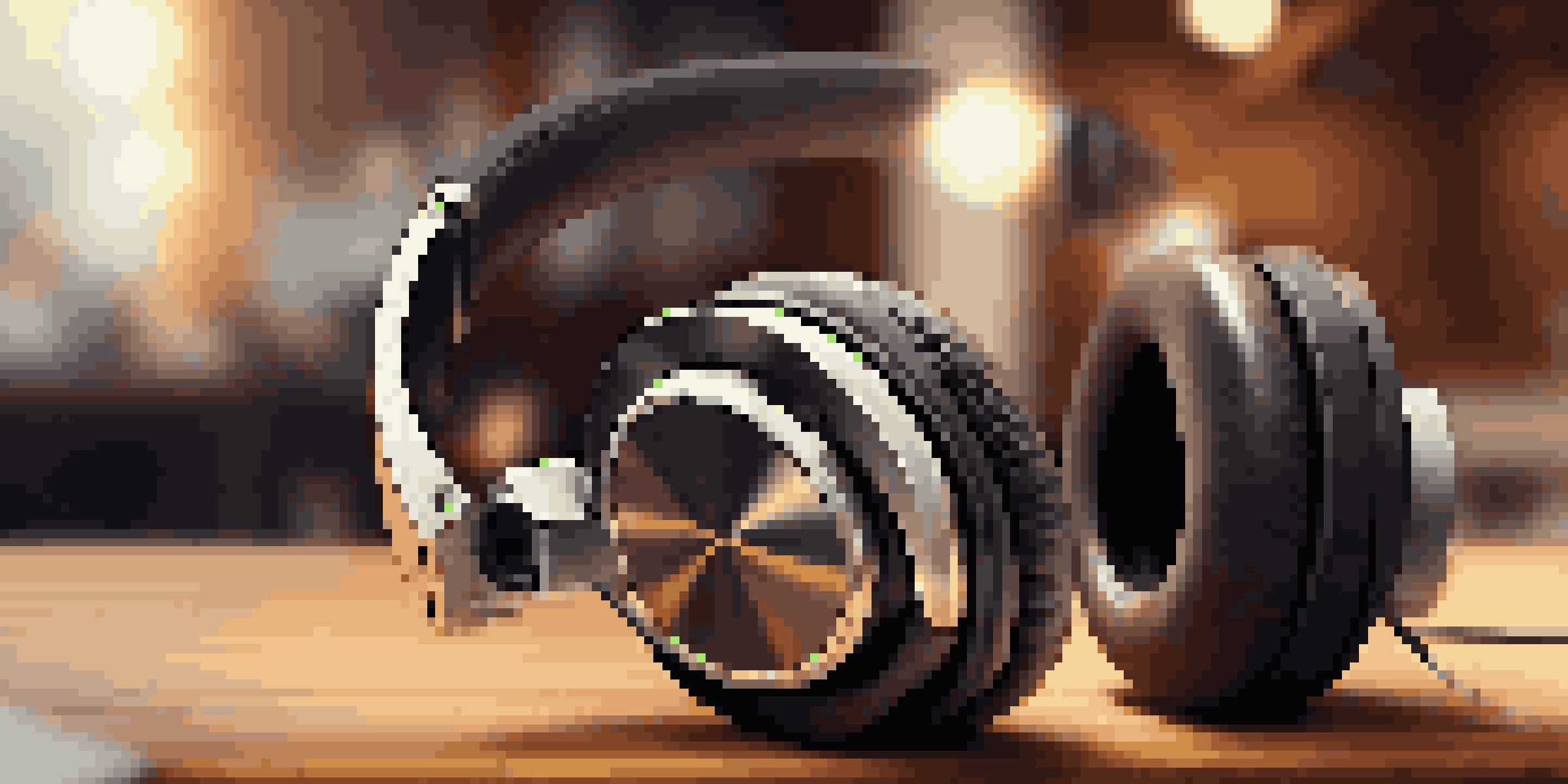 A close-up of stylish headphones on a wooden table with a blurred DJ setup in the background.