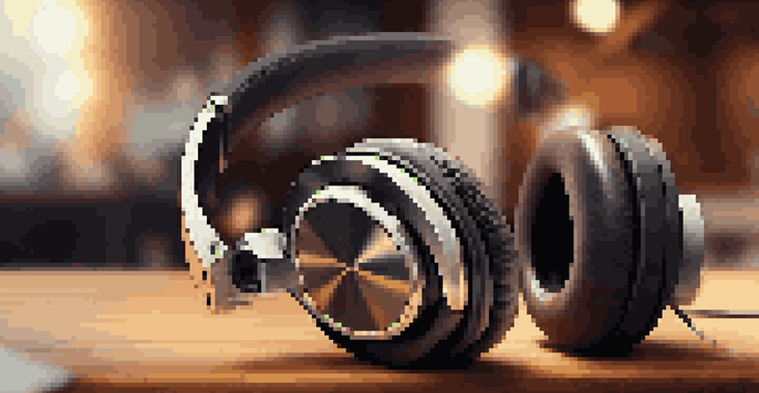 A close-up of stylish headphones on a wooden table with a blurred DJ setup in the background.