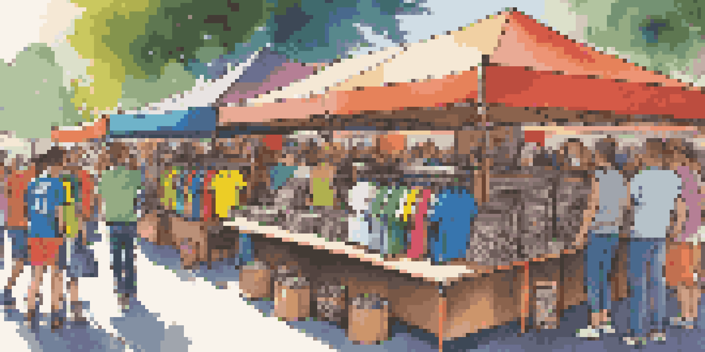 A lively outdoor festival scene with a merchandise booth selling colorful T-shirts and vinyl records, surrounded by fans enjoying the music.