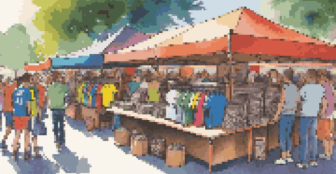 A lively outdoor festival scene with a merchandise booth selling colorful T-shirts and vinyl records, surrounded by fans enjoying the music.