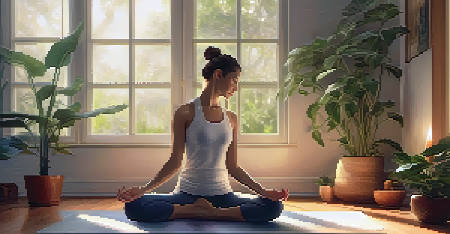A person stretching on a yoga mat in a softly lit room with candles and plants, conveying a sense of calm and relaxation.